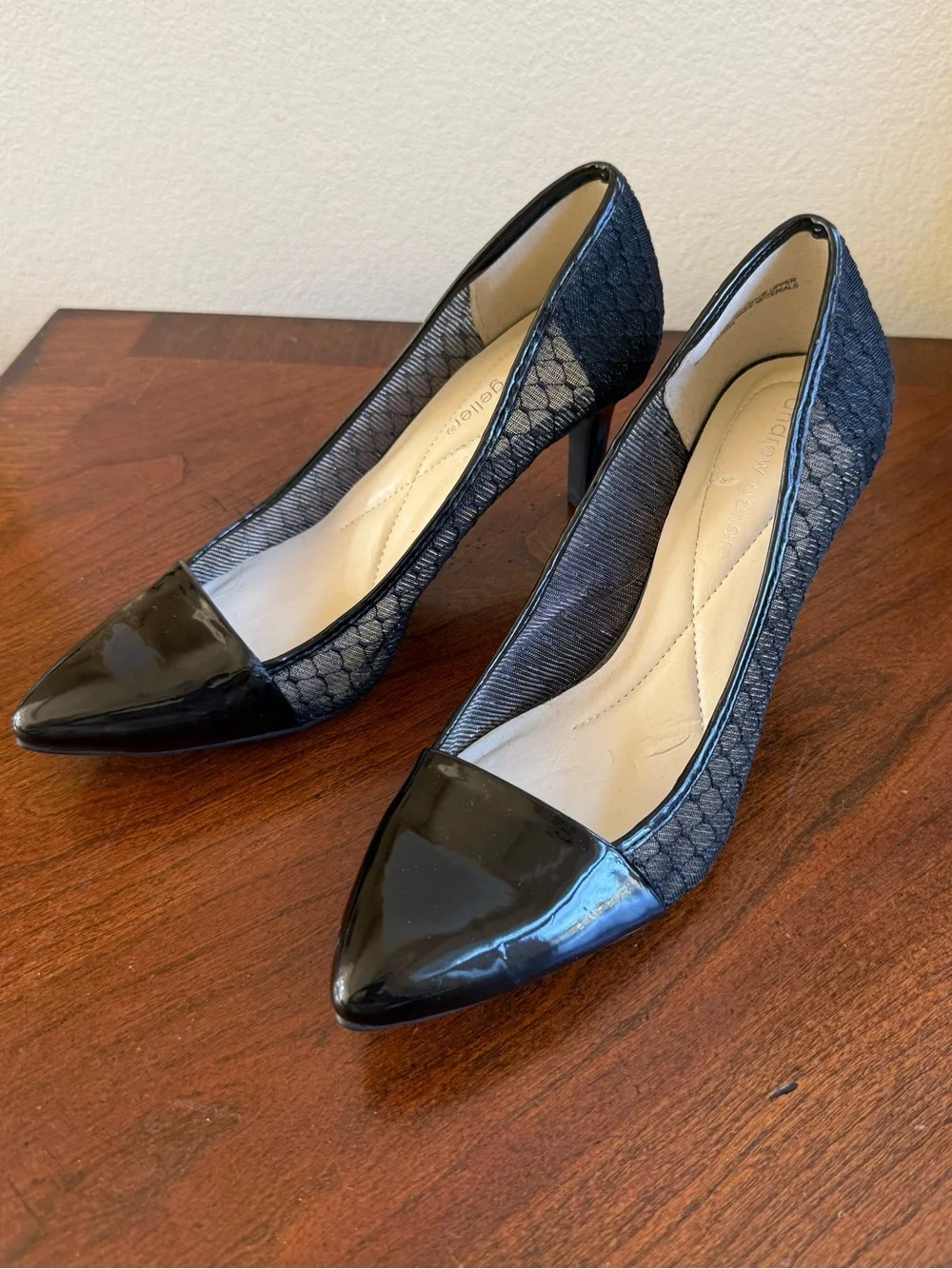 Andrew Geller black patent leather/ woven fabric heels
